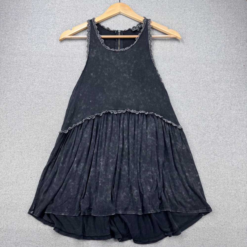 POL‎ Tank Top Womens S Black Acid Wash Crochet Trim Peplum Boho Grunge